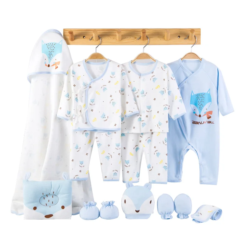 Blue baby set С мультипликационным принтом «Лиса» для маленьких мальчиков детская одежда Одежда для новорожденных для детей для маленьких девочек, комплект Мягкий хлопок детская одежда для ясельного возраста новорожденного подарочный набор 13 шт./компл - Цвет: Blue baby set
