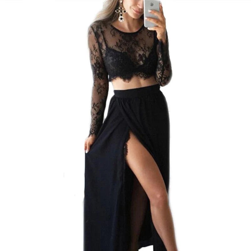 

New autumn women ladies clothes skirts set long sleeve sheer lace floral short tops high waist high split sexy long skirts 2pcs