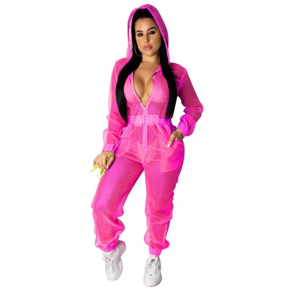 

Echoine Plus Size XXL Solid Color Sheer Mesh Long Sleeve Jumpsuit Women Sexy Organza See Though Zipper Up Hooded Beach Rompers