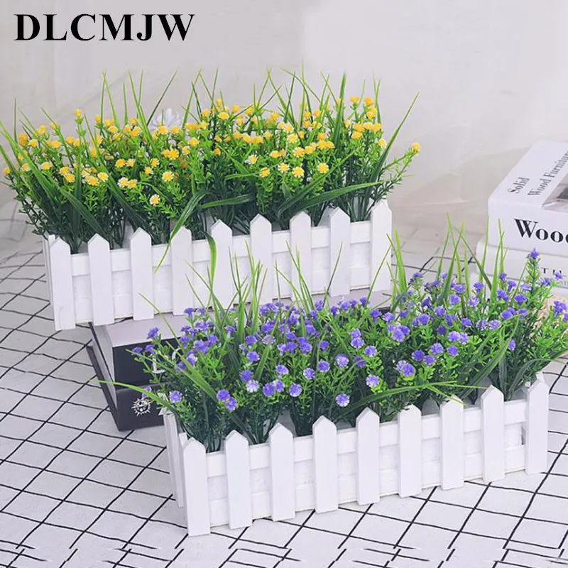 Artificial flower Wood Fence bonsai Fake flowers for wedding Garden wood Fence plastic plant Small Fence Decoration plant flower
