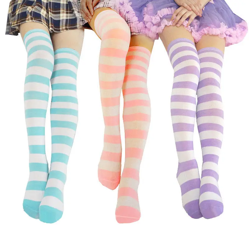 Fashion Cute Women Girls Kawaii Lolita Cotton Long Striped Thigh High Stocking Anime Cosplay Over Knee Socks