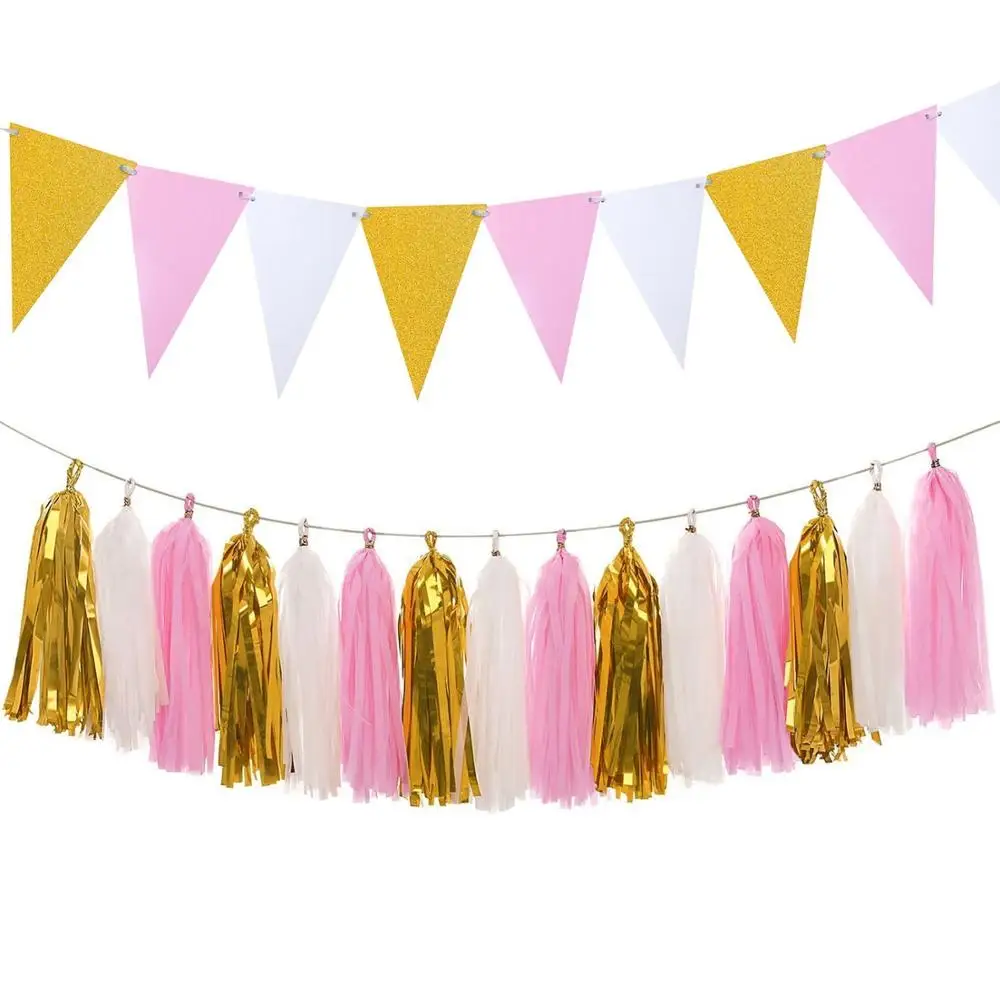 pink gold set Блестящая бумажная Растяжка с флажками флаги Рассыпчатая 8,2 футов и украшения из глянцевой бумаги Гирлянда 15 шт. детская игрушка в ванную, день рождения деко - Цвет: pink gold set