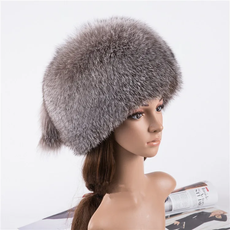 

Real fox fur hats for women natural silver fox fur cap autumn winter warm russian hat H101