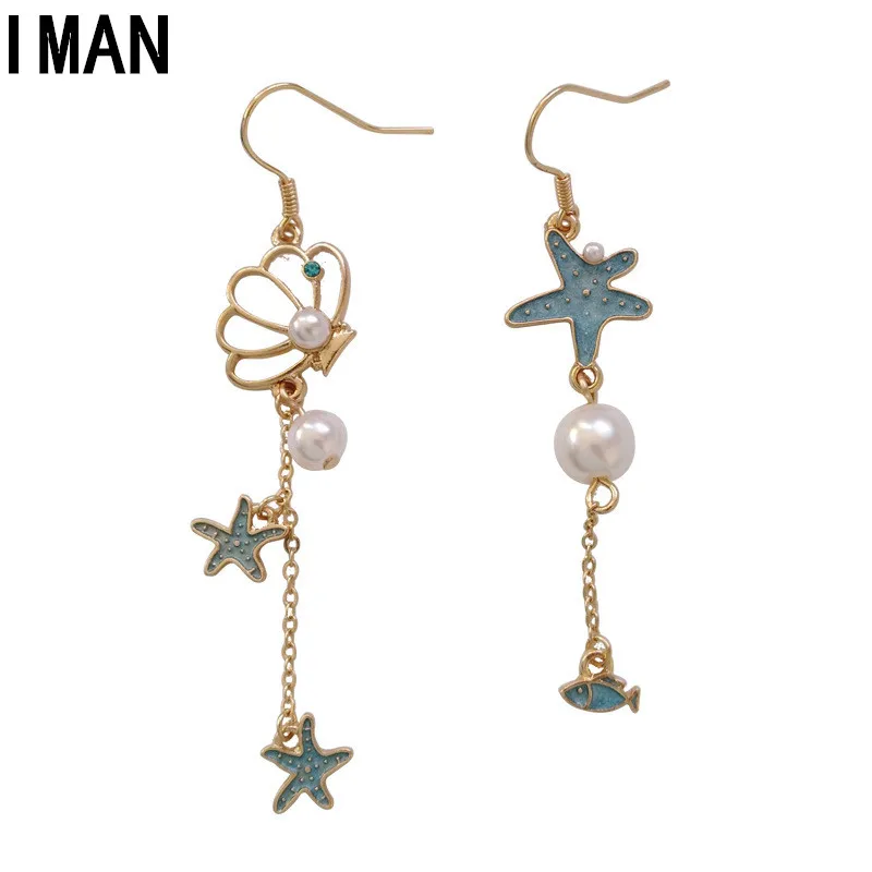 Original Japanese and Korean accessories source factory starfish shell dripping oil ear nail cartoon long tassel female earrings | Украшения