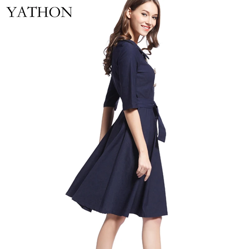 YATHON Женская Кнопку Старинные Большие Качели Партии Dress Хепберн Стиль половина