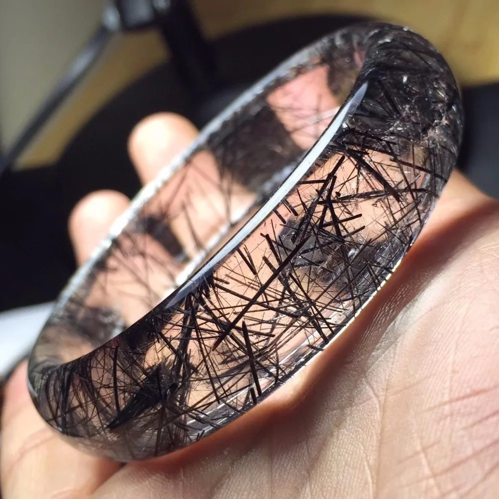 

54mm Natural Quartz Black Hair Rutilated Crystal Bangle Bracelet Handwork