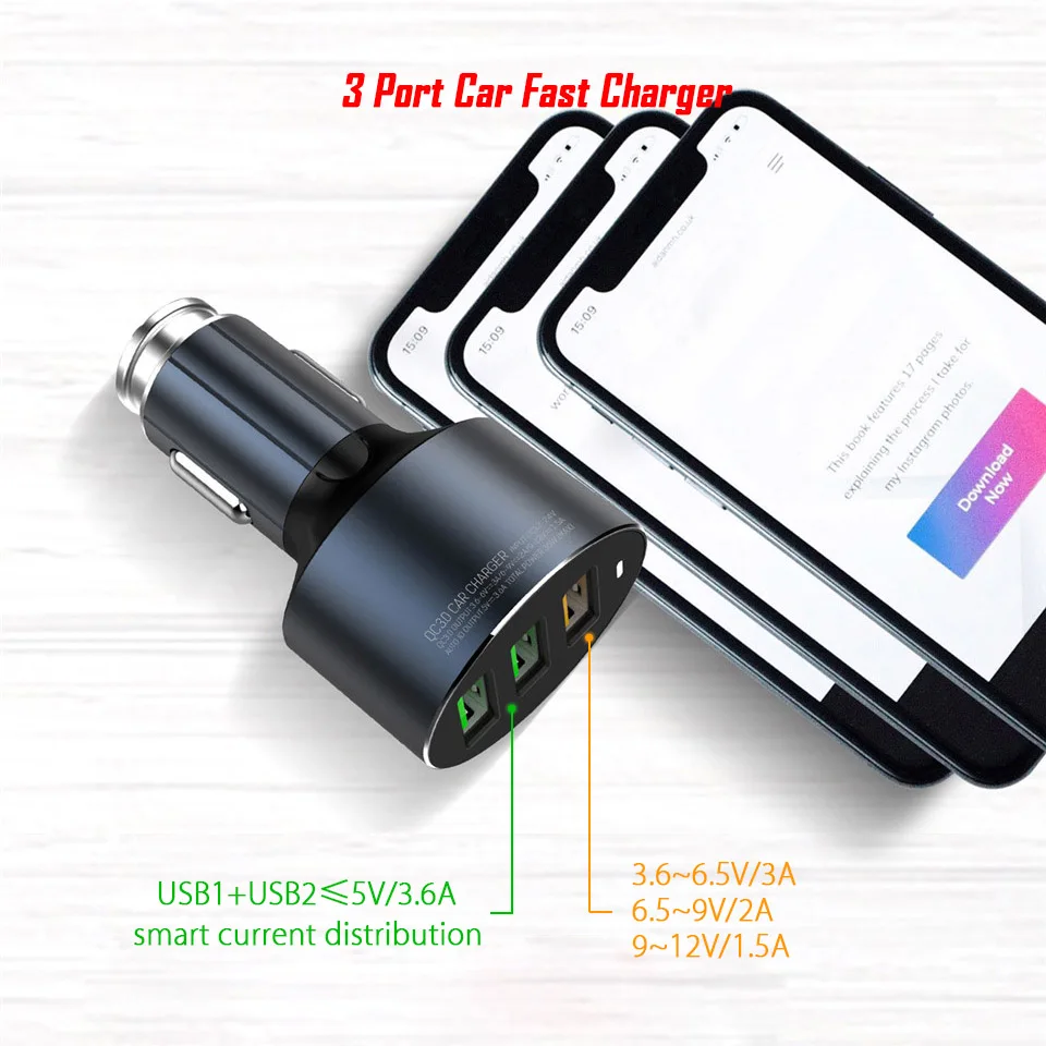 3 несколько портов USB Автомобильное зарядное устройство QC3.0 Металл мульти автомобиль USB зарядное устройство Быстрая зарядка 3,0 Автомобильное быстрое зарядное устройство смартфон