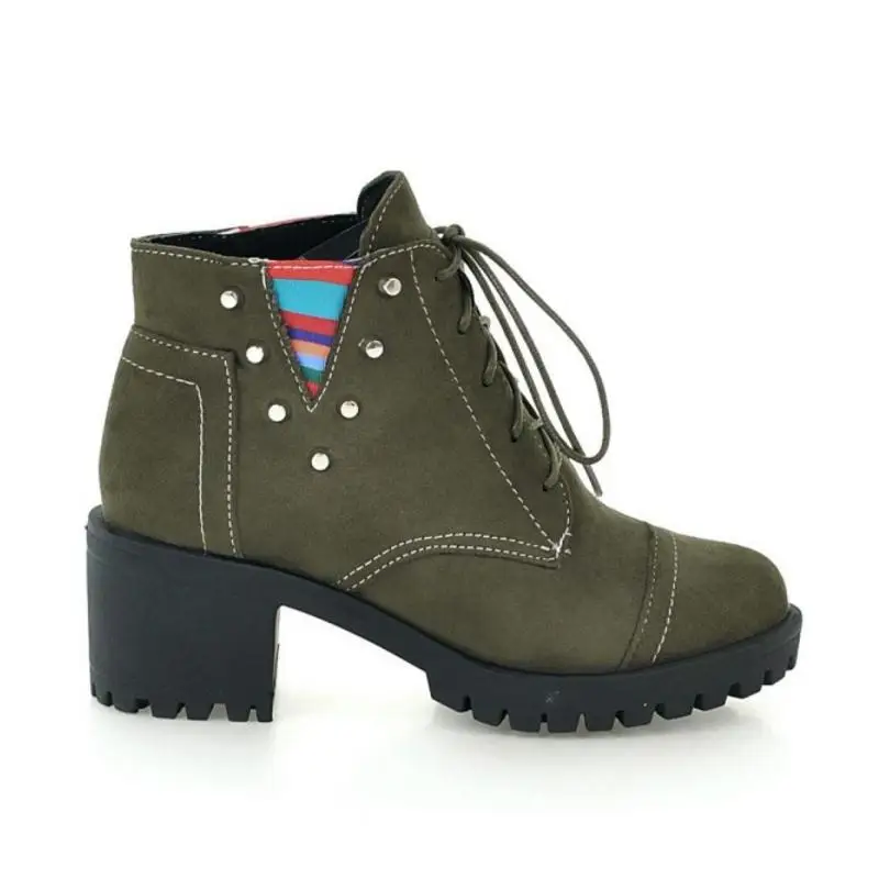 Cuculus плюс Size34-43 женские ботинки на высоком каблуке с заклепками смешанных Цвет Ботильоны Туфли на шнуровке Женская мода Зимние полуботинки 1153