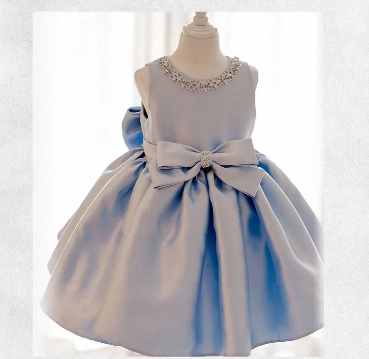 Toddler Blue Satin Baby Baptism Dress Bead Princess Infant Wedding Gown Big Bow 1 Year Girl Birthday Kids Party Wear | Детская одежда и