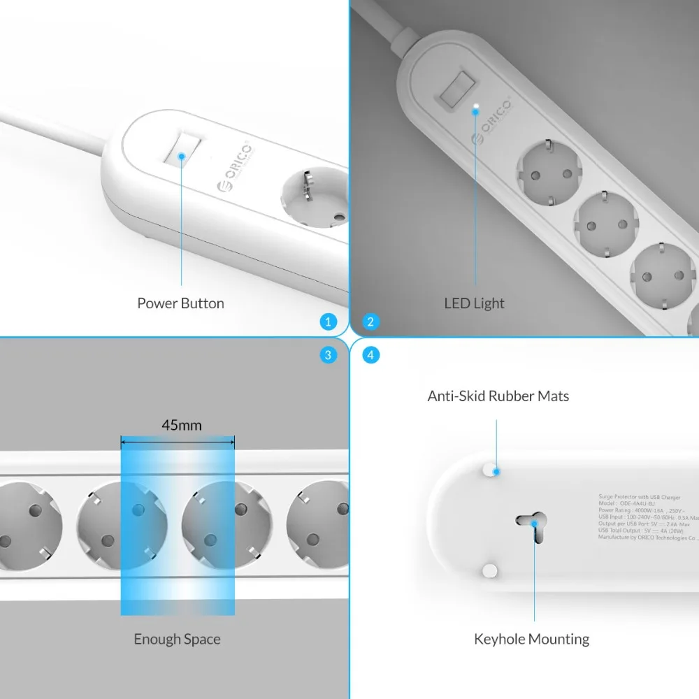 ORICO Smart EU силовая полоса 4 AC выход удлинитель с USB зарядными портами 5V2.4A * 5 20 Вт