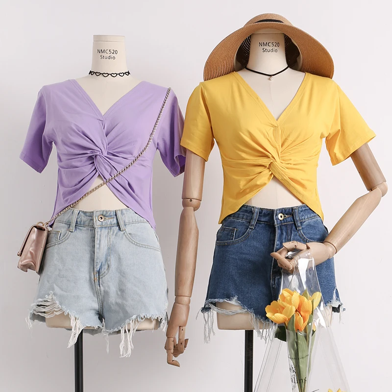 ALPHALMODA v-образный вырез завязанная Футболка женская сплошной цвет хлопок с коротким рукавом, повседневные футболки короткий стиль шикарные женские футболки