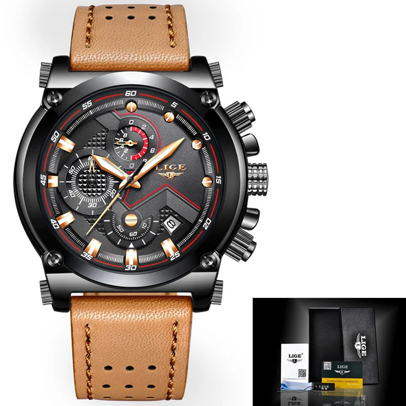 All black Reloje LIGE мужские часы, мужские кожаные автоматические кварцевые часы с датой, мужские роскошные брендовые водонепроницаемые спортивные часы, мужские часы - Цвет: All black