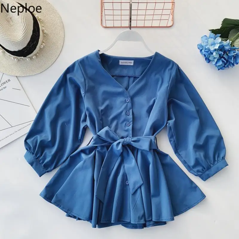 Neploe Sashes женская рубашка с v образным вырезом Весна Лето Мода оборки Blusas Топ 3/4