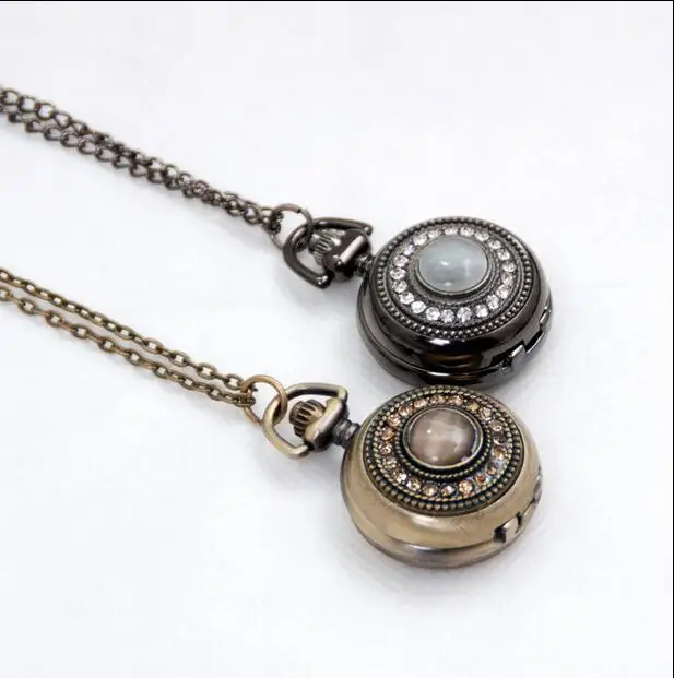 

12pcs/lot Vintage Rhinestone Cat Eye Stone Mirror Pocket Watch Necklace OPL152 Dia: 2.7cm