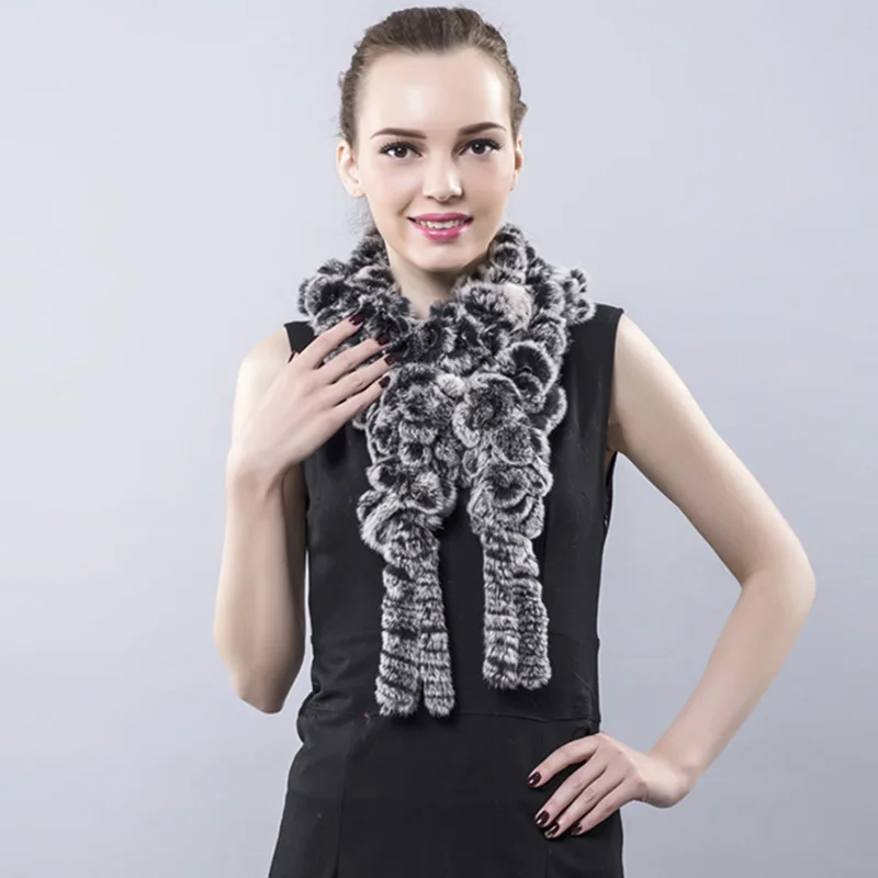 

Женский меховой шарф с кисточками, длинный однотонный шарф из натурального меха Рекс с цветами, зима 2016