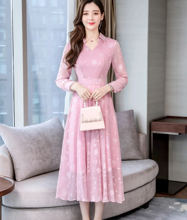 Dingaozlz Vestidos, M-3XL, новинка, отложной воротник, повседневное платье, тонкий длинный рукав, плюс размер, платье,, Осеннее шифоновое платье - Цвет: pink