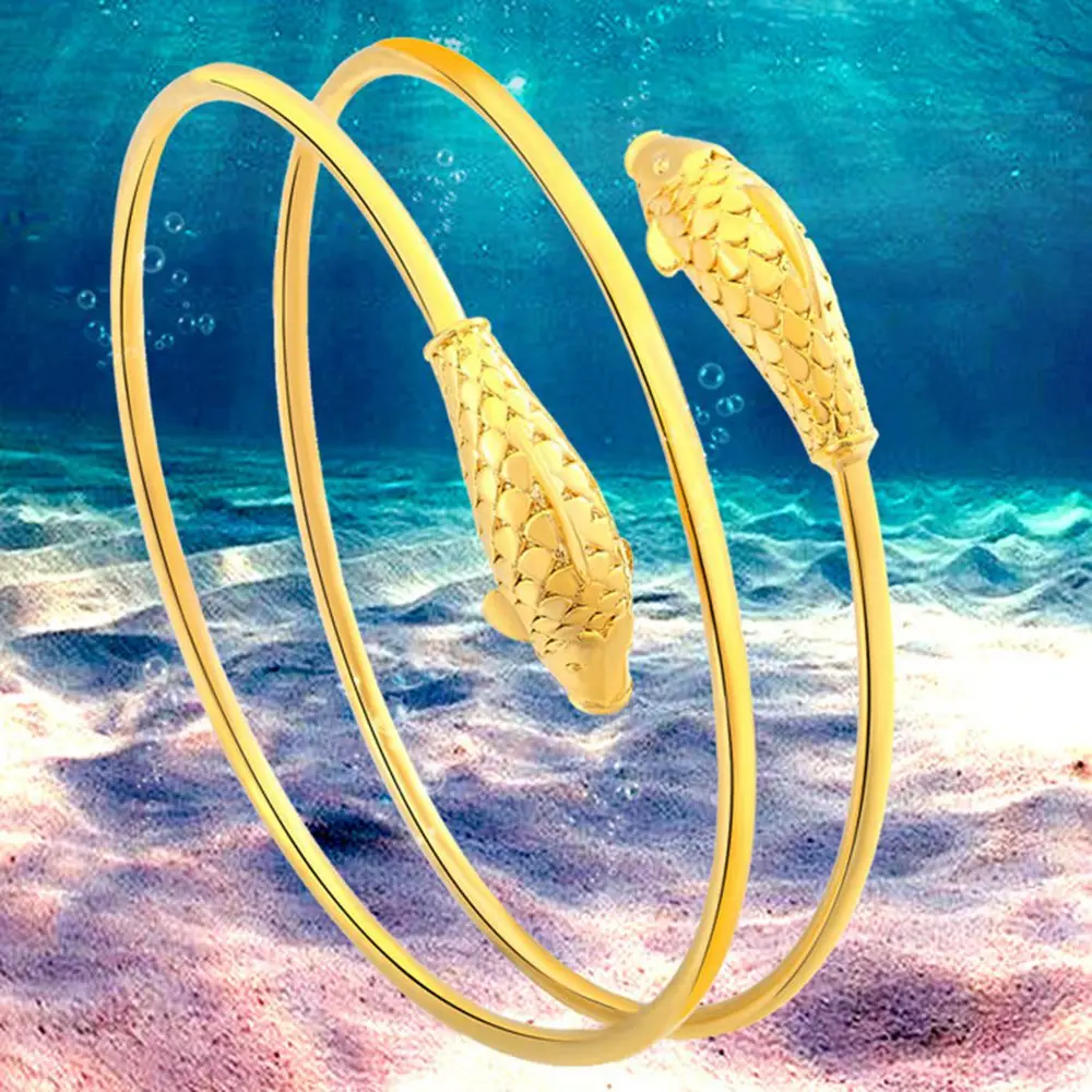 Double Fish Pattern Wire Bangle Yellow Gold Filled Wedding Women Bangle Bracelet Present