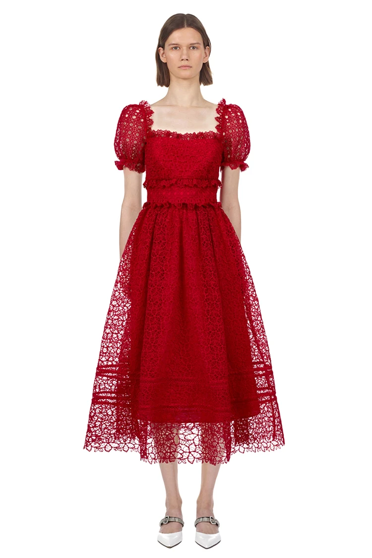 2019 Новое поступление красное кружевное платье Элегантное миди женское вечернее
