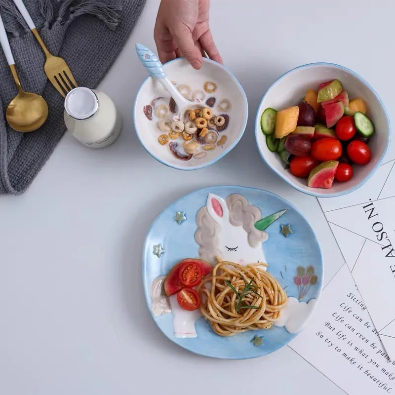 Единорог мультфильм детская тарелка ложка набор керамических столовых приборов