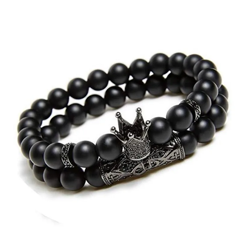 Black Matte Beads Bracelets 8mm Onyx Stone Sets Charm King Crown for Women Men Jewelry pulseras mujer para hombre | Украшения и