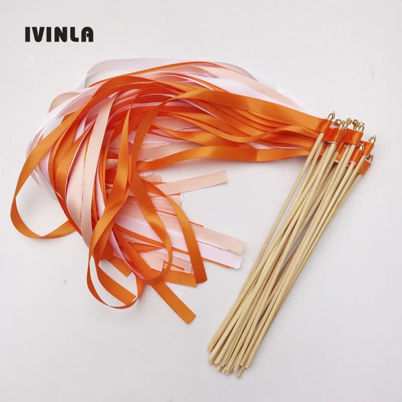 

50pcs/lot orange 3 stain wedding ribbion wands Twirling Streamers wedding ribbon stick for wedding decoration