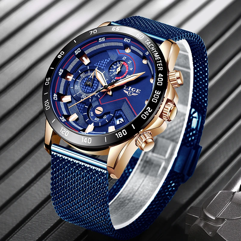 

2021 New LIGE Blue Casual Mesh Belt Fashion Quartz Gold Watch Mens Watches