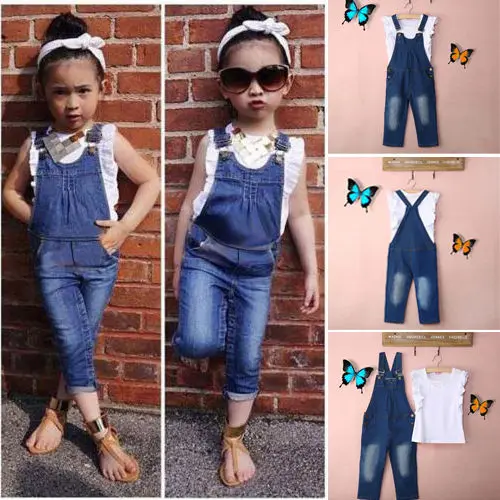 Жилет + джинсы девушка летняя одежда установить Dungarees жилет ботва белый