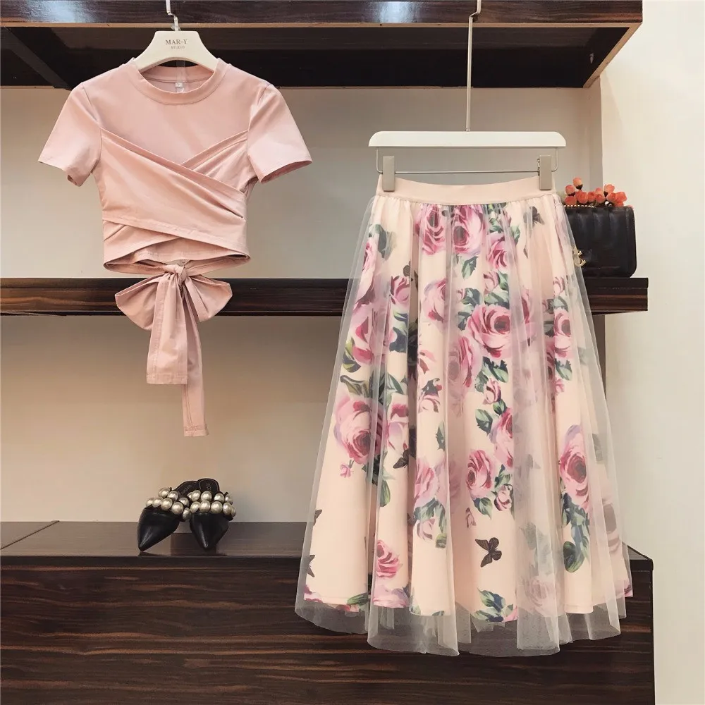 JSXDHK Summer Women Overlapping Pink Back Bowknot Short Cotton T Shirt Skirt Suits + Mesh Print Floral Skirt Sets For Woman