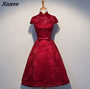 2018 New Spring Summer Lace Dress Women Stand Short Sleeves Burgundy Wedding Party Dresses Sexy Slim Christmas Dresses Vestidos