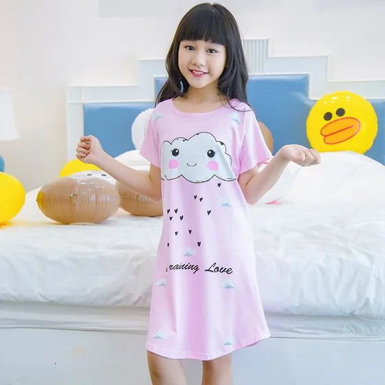 Hot sale Short sleeve girl's Nightgown Summer Cartoon night dress kids pajamas Knitted cotton children Homewear sleepwear ZP22 | Мать и