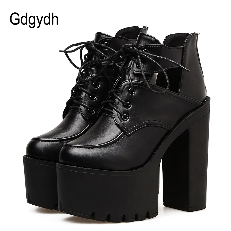 Женские ботинки с вырезами Gdgydh черные Платформа со шнуровкой на толстом каблуке