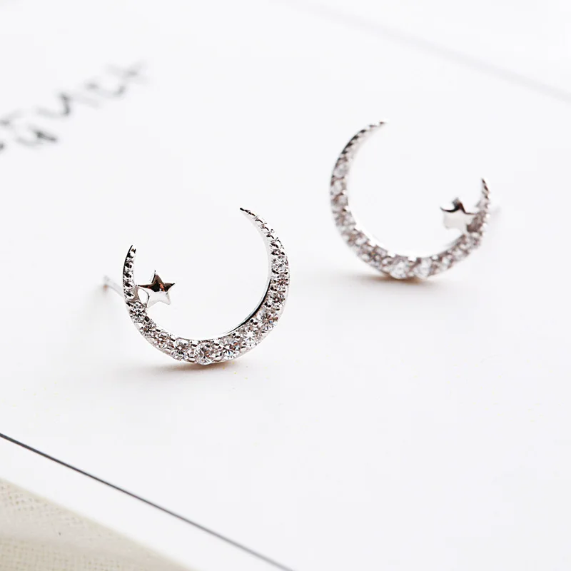 star moon cz earrings 100% 925 Sterling silver Jewelry fashion Hypoallergenic Stud for women gift | Украшения и аксессуары