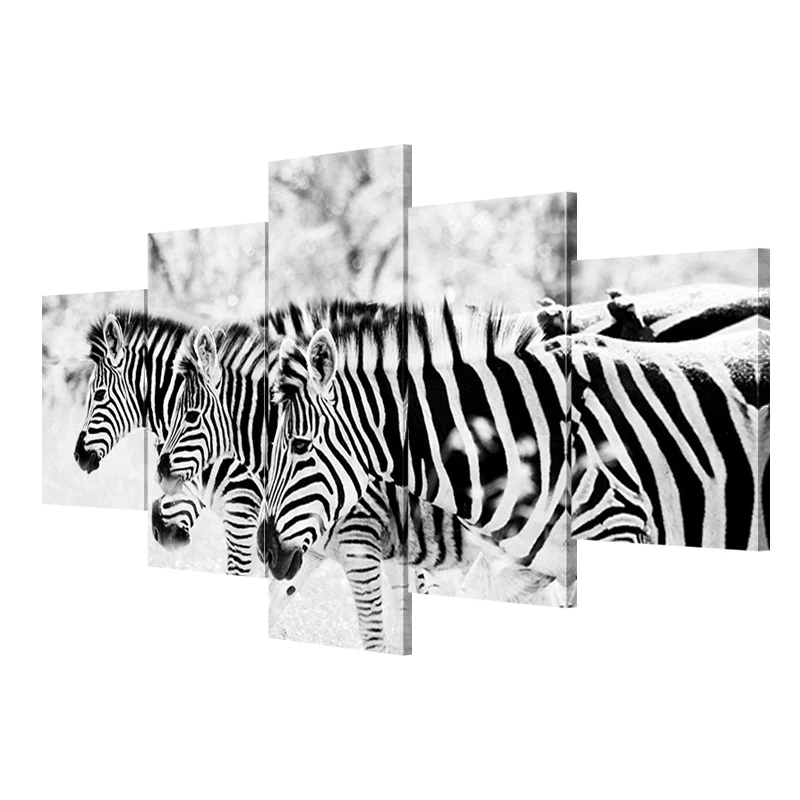 Домашний декор QK ART Холстные печати Зебра Животное 5 частей картины на стену для гостиной Современная живопись маслом.