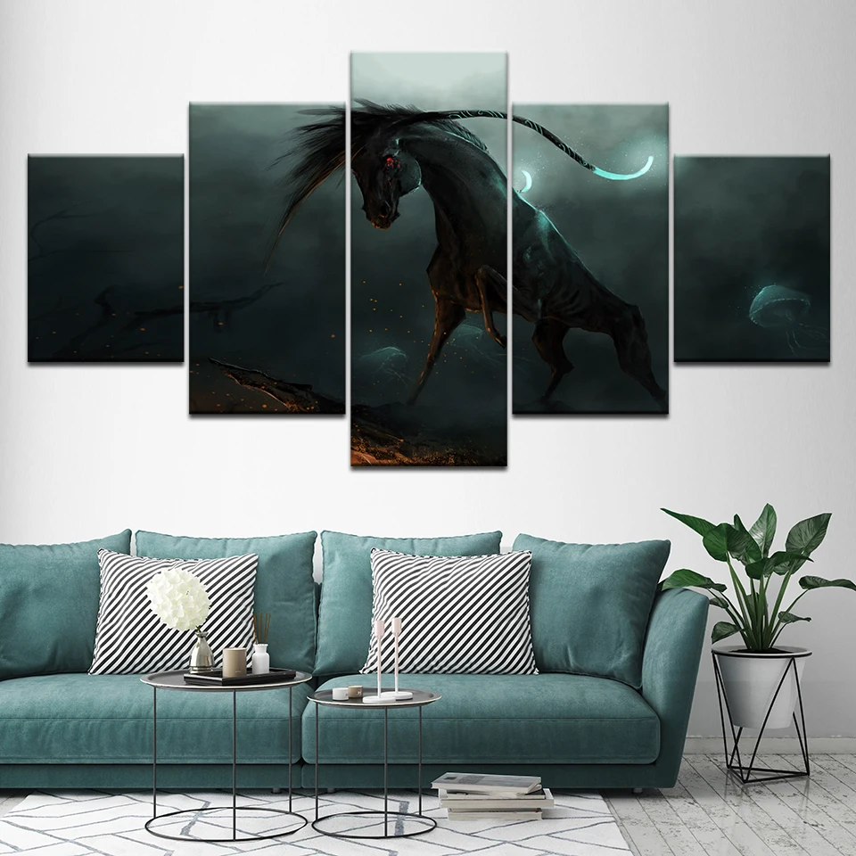 Картина на холсте дикая лошадь ночью 5 шт. Настенная картина модульные обои
