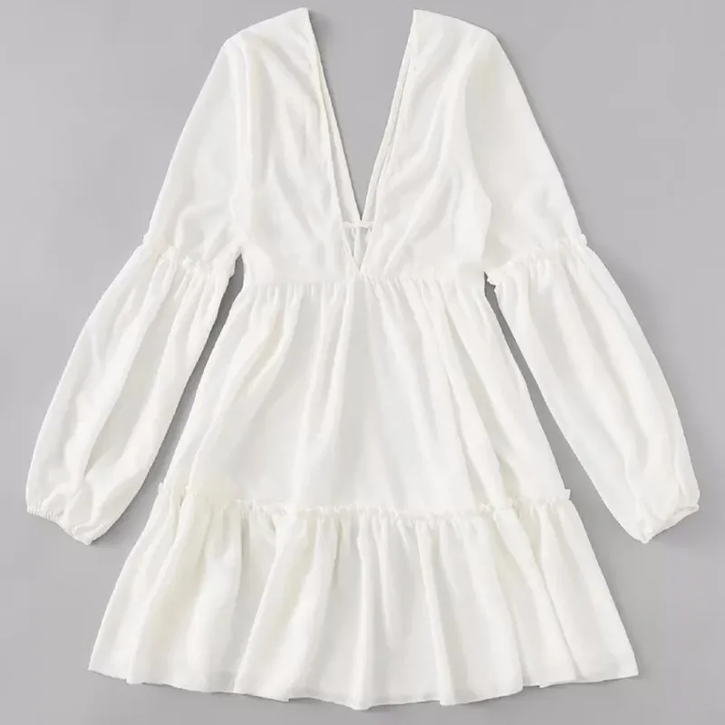 Sexy White Deep V Neck Backless Party Dress Women Solid Long Lantern Sleeves Office Lady Mini Dresses Spring Summer Casual | Женская