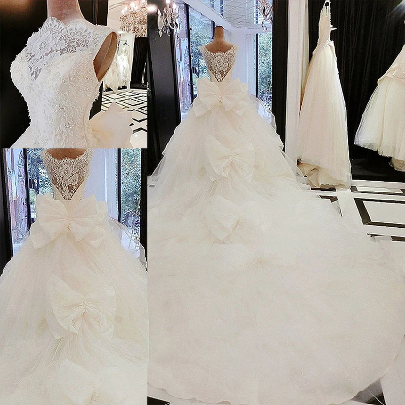 Свадебное платье 2017 Свадебные Длинные с высокой горловиной из бисера Белый Кот