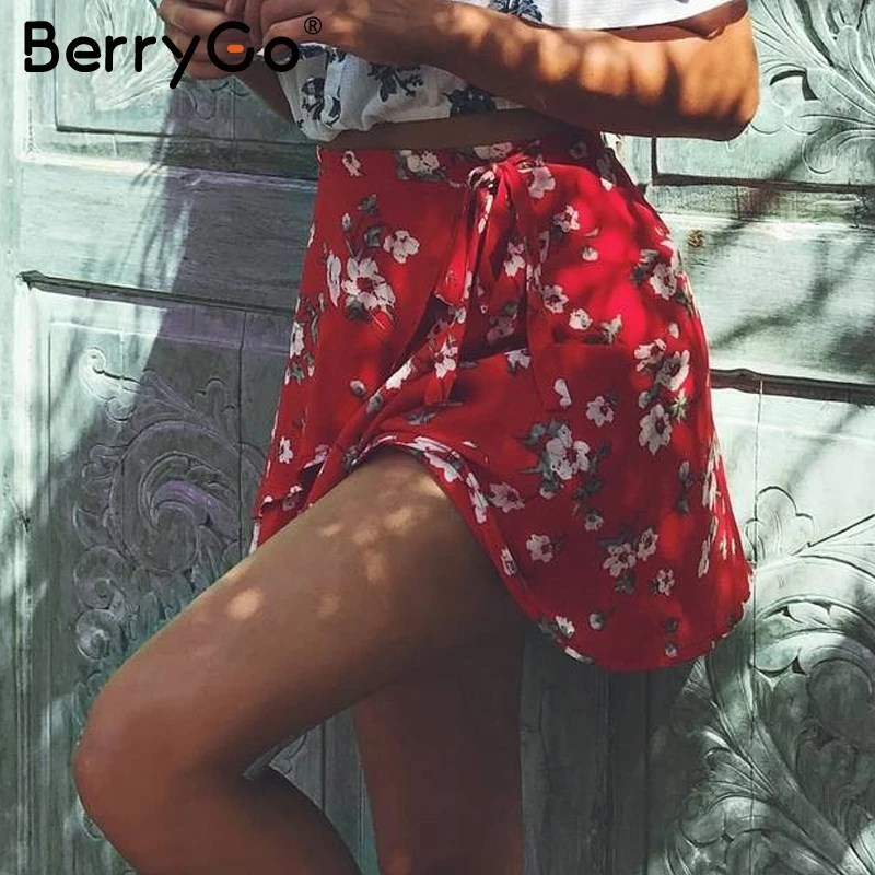 BerryGo Boho красные шифоновые женские юбки с принтом винтажные вечерние короткие