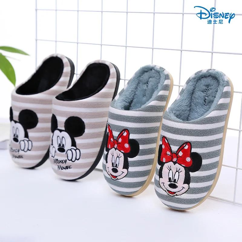 Disney/Детские хлопковые тапочки; коллекция года; зимние Нескользящие теплые домашние тапочки в полоску с рисунком для мужчин и женщин и больших детей