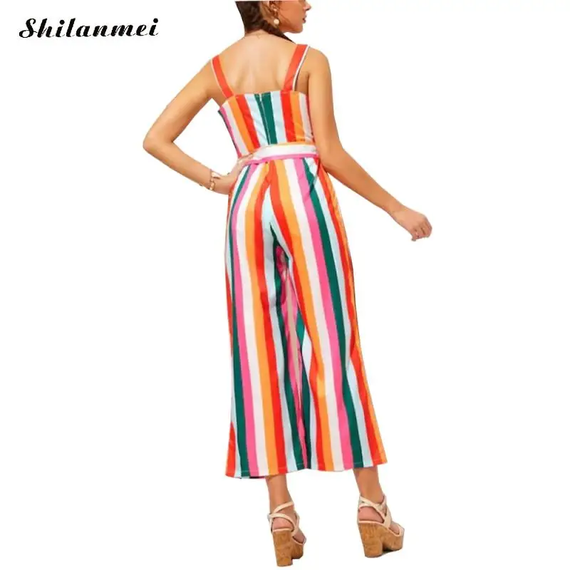 Женские комбинезоны в радужную полоску повседневные Комбинезоны с широкими