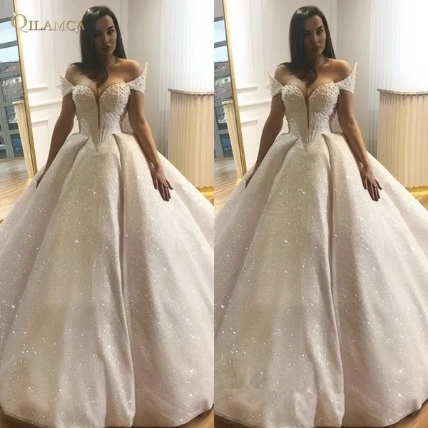 Роскошное Свадебное платье с жемчугом бальное длинными рукавами свадебные