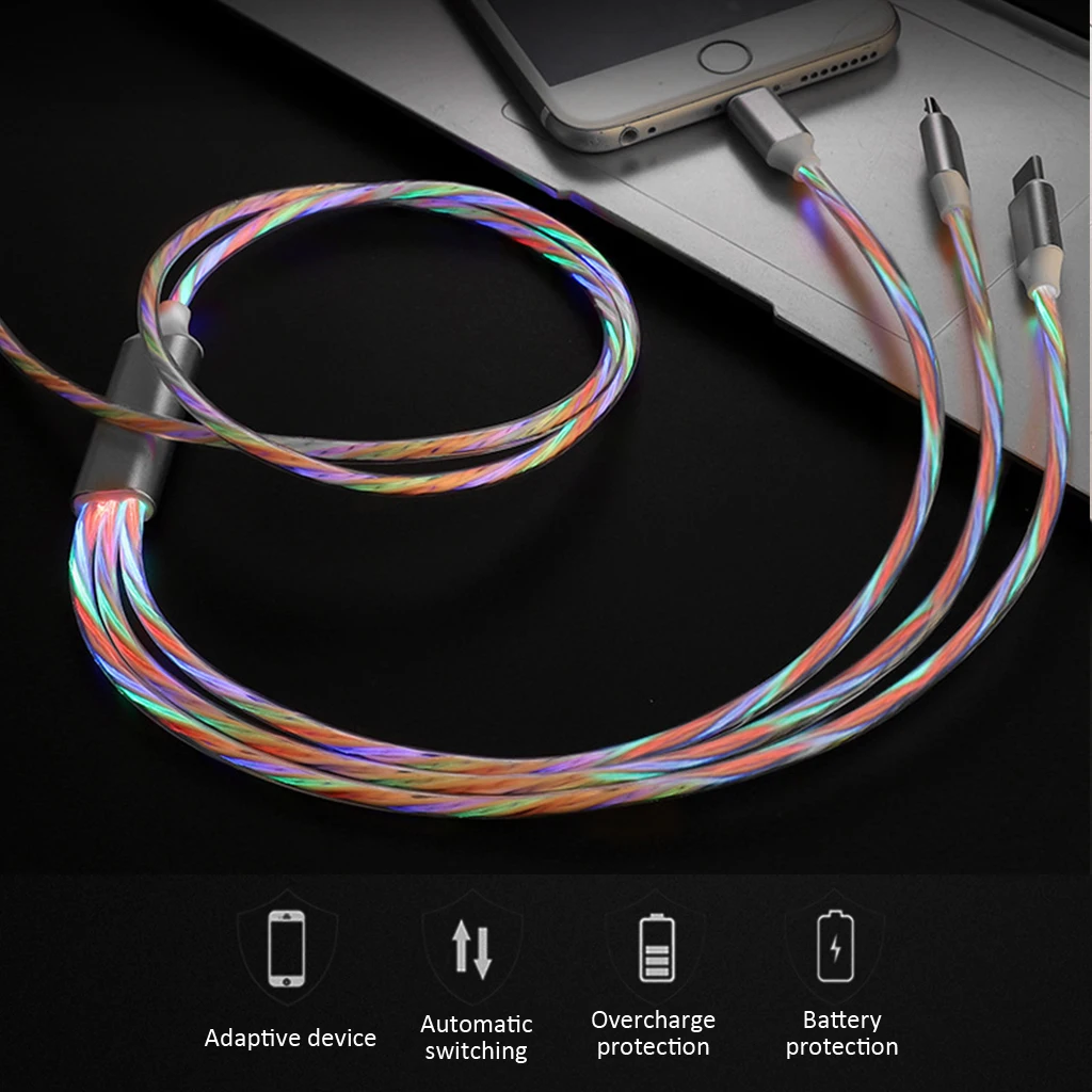 Кабель Micro USB/type C/Lightning 3 в 1 светодиодный кабель с током для зарядки iPhone huawei Sumsung смартфонов