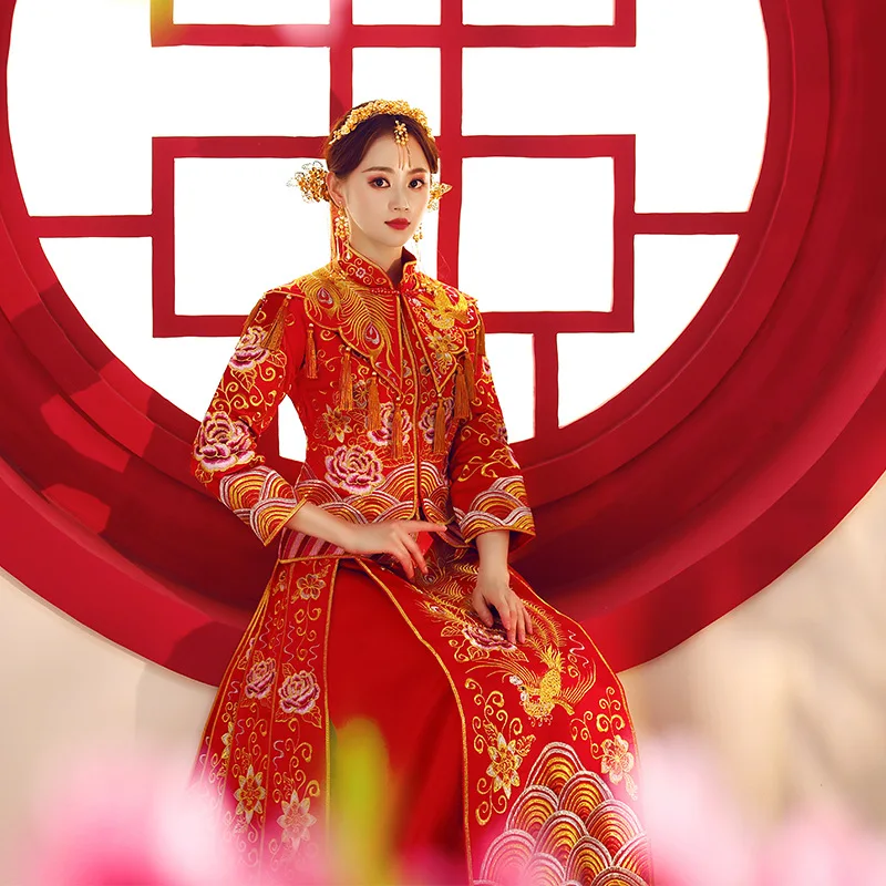 Красное женское традиционное свадебное платье Qipao 2018 новое с вышивкой и