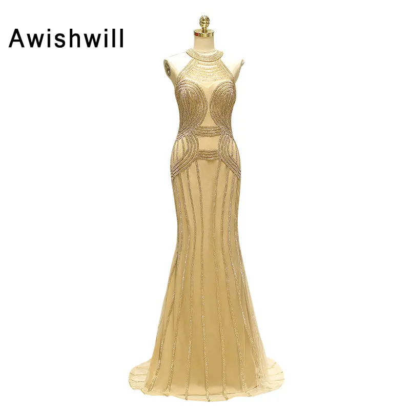 

Gorgeous Gold Evening Dress 2020 Long Sleeveless Sparkly Mermaid Formal Prom Gowns Open Back Vestido Longo Abendkleider