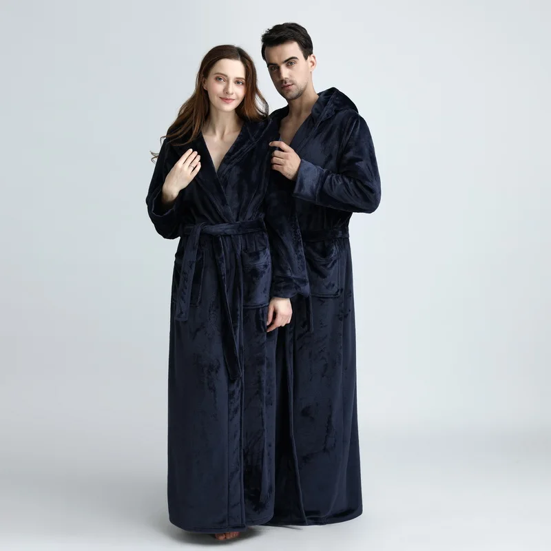 Women Men Winter Flannel Robe hooded Extra Long Warm Bathrobe Luxury Thick Bath Robes Plus Size Soft Thermal Dressing Gown | Женская