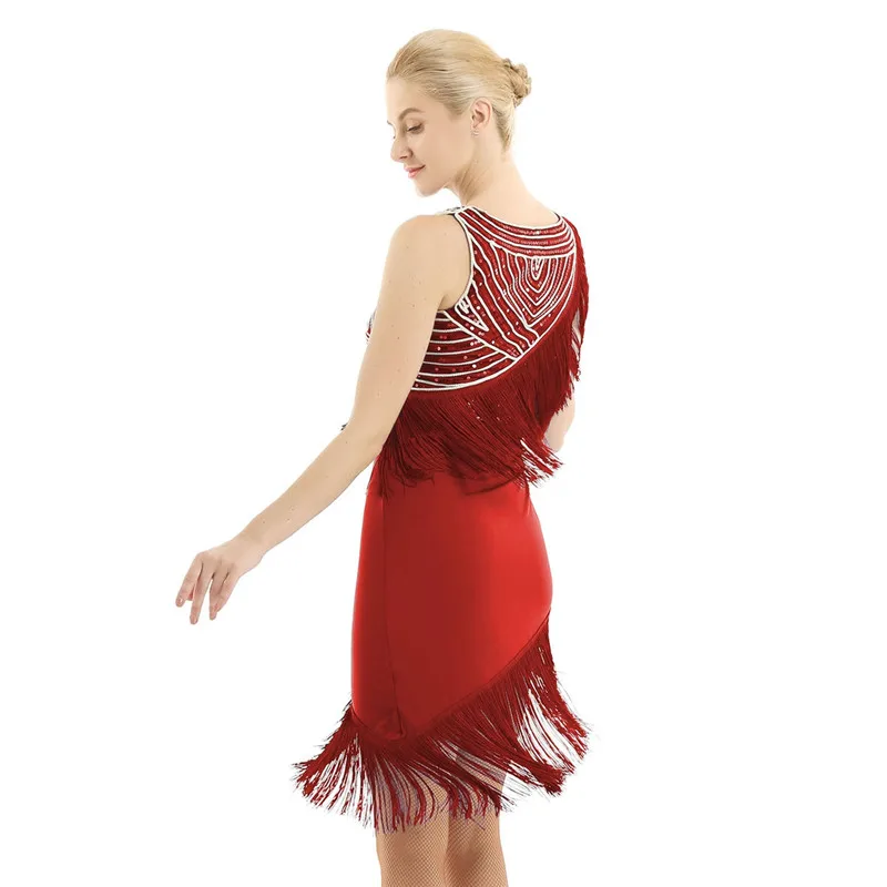 2Pcs Women Ladies Shiny Sequined Sleeveless Tassel Asymmetric Latin Tango Rumba Cha Belly Ballroom Dance Dress with Shorts | Тематическая