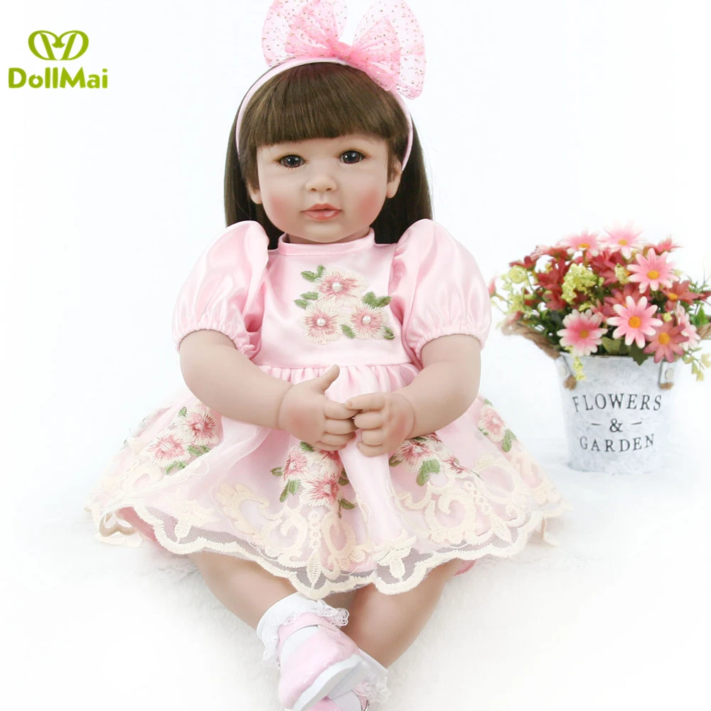 High quality vinyl silicone reborn baby doll toddler girl princess with long hair pink dress children gift bebe | Игрушки и хобби