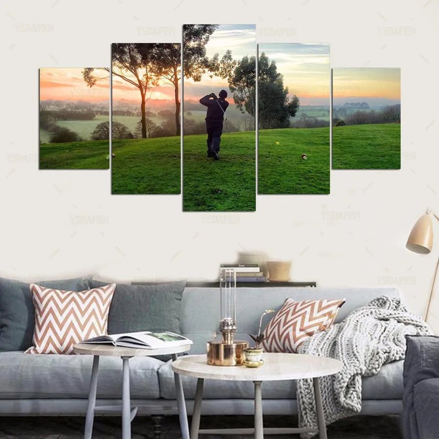 YSDAFEN 5 Pieces Playing Golf Sunrise Landscape Modern Home Wall Decor Canvas Picture Art HD On For Living Room ny-481 | Дом и сад