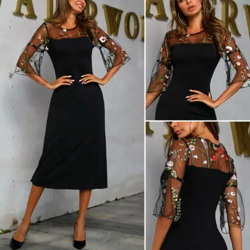 Женское модное Прозрачное платье с цветочной вышивкой женское Сетчатое средней