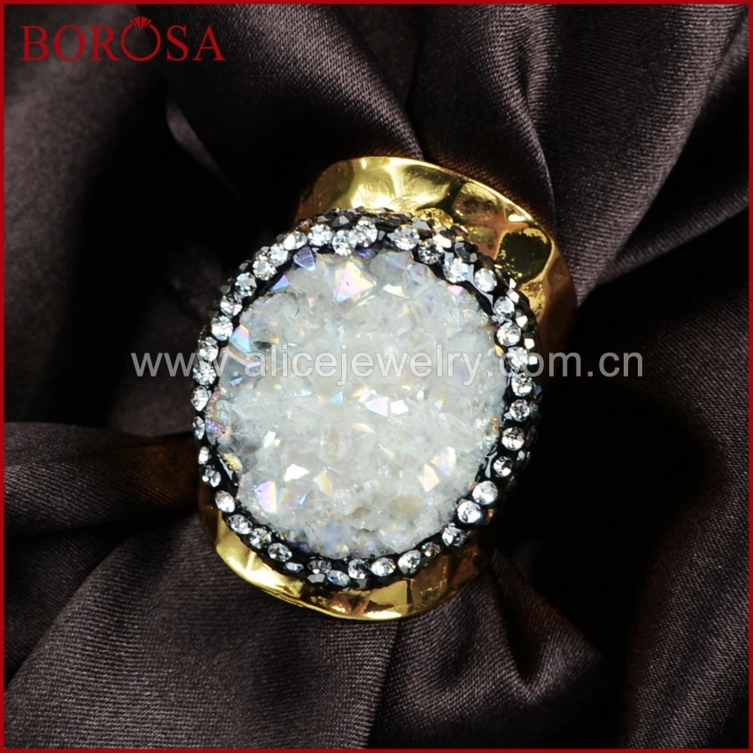 Кольцо золотого цвета BOROSA Druzy круглый титановый браслет с натуральным камнем