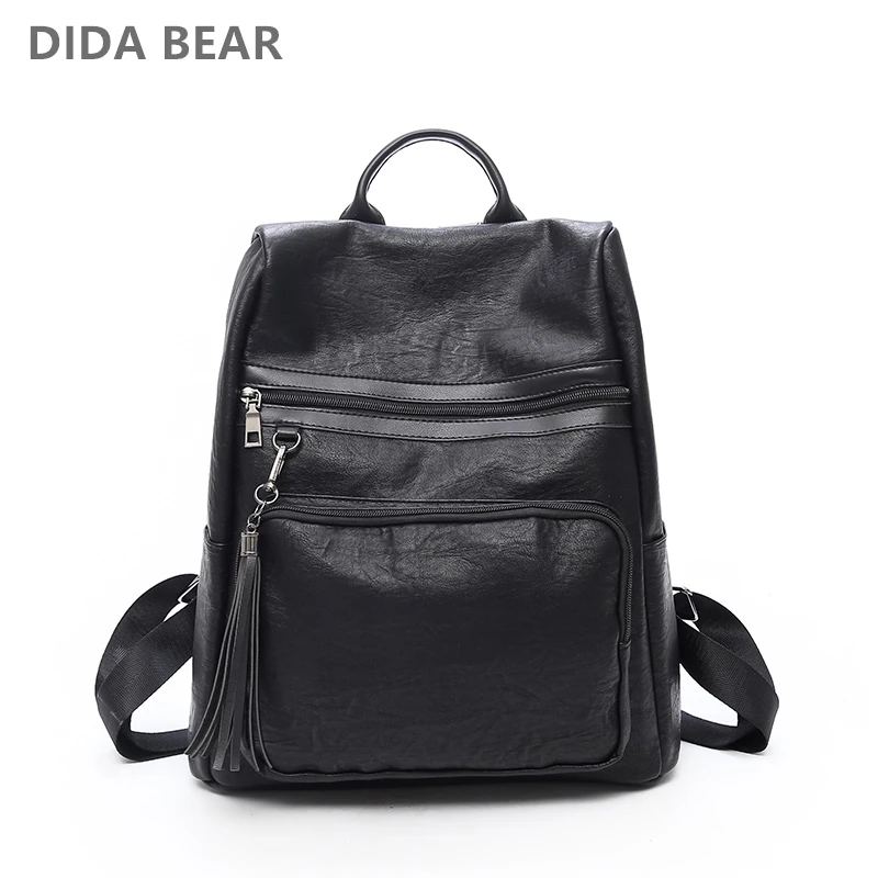 Женский кожаный рюкзак DIDA BEAR черный коричневый большой школьный для девочек